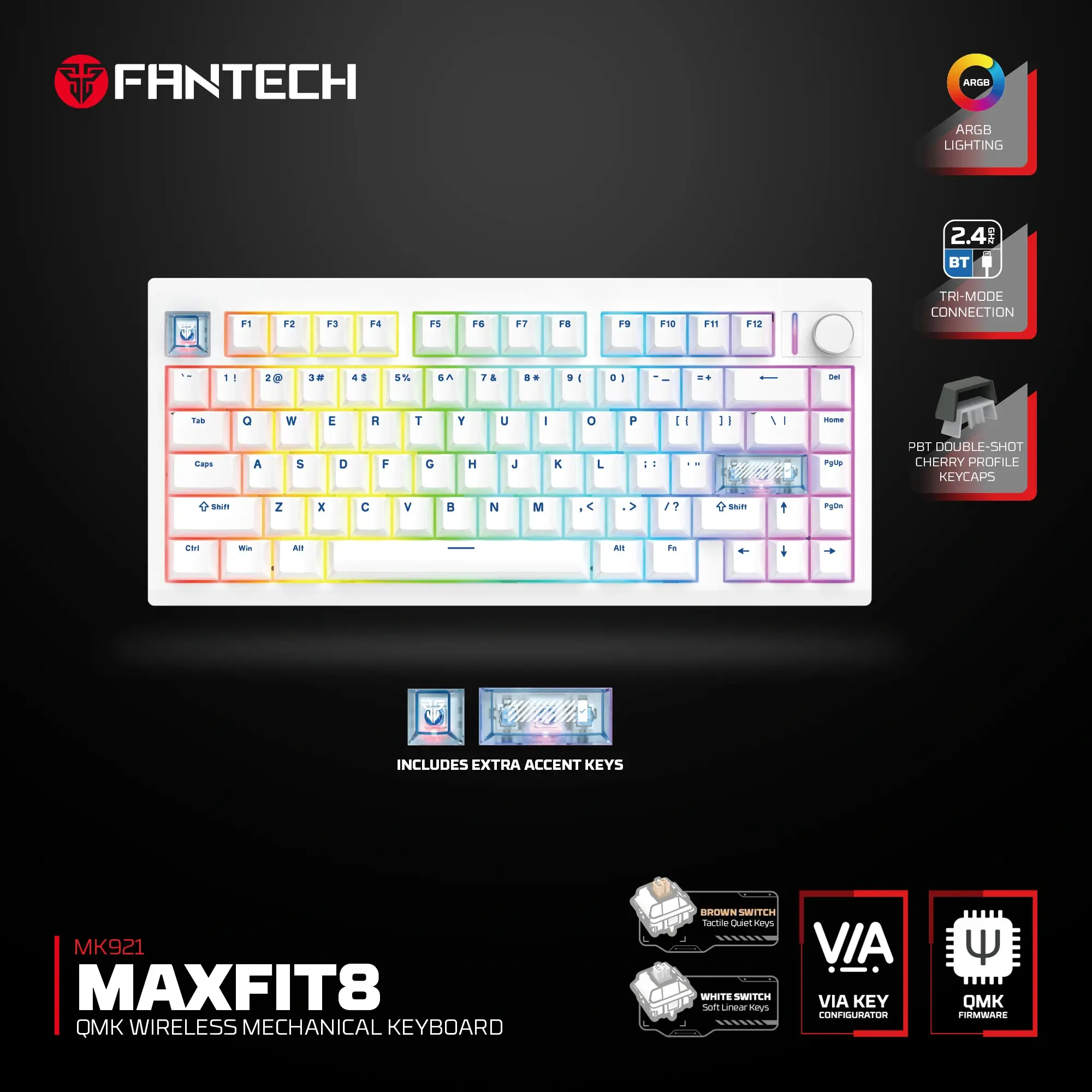FANTECH MK921 MAXFIT8 QMK Wireless Mechanical Gaming Keyboard White (3 Mode Connection)