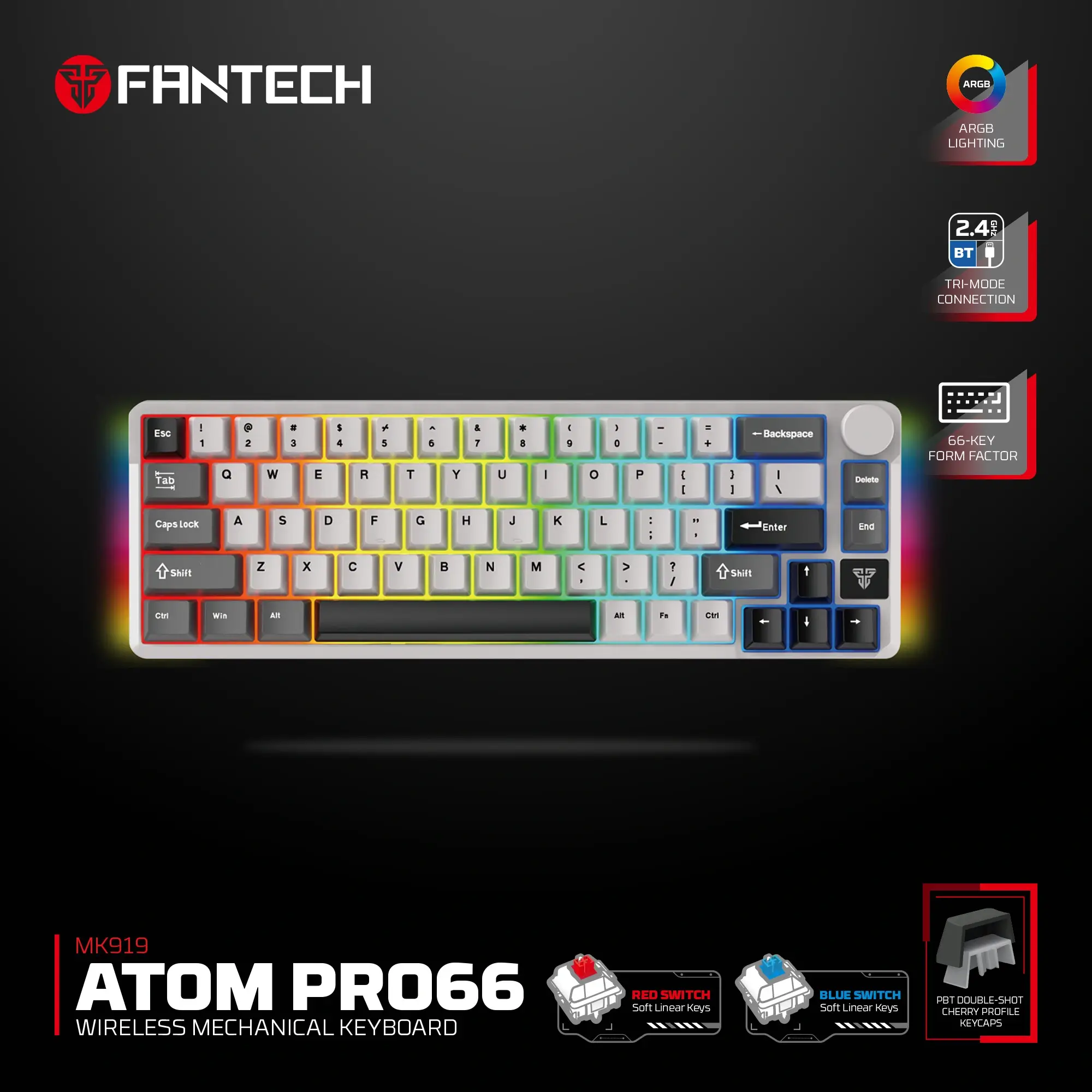 FANTECH MK919 ATOM PRO66 Mechanical Gaming Keyboard Grey - 3 Mode Connection