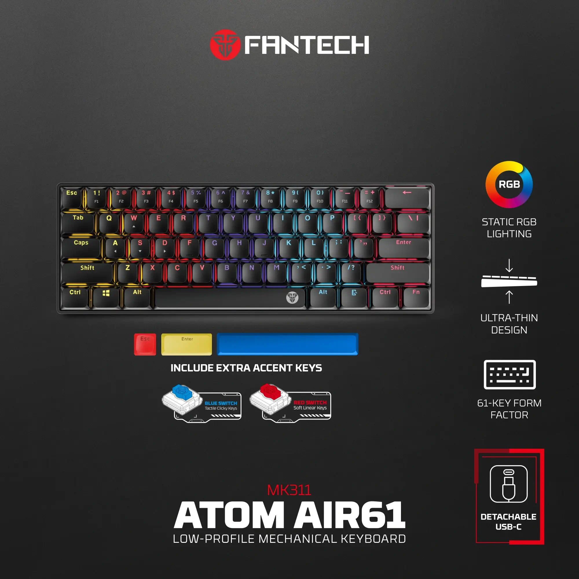 مكانيكال جيمنج كيبورد  FANTECH MK311 ATOM AIR61 Low Profile 