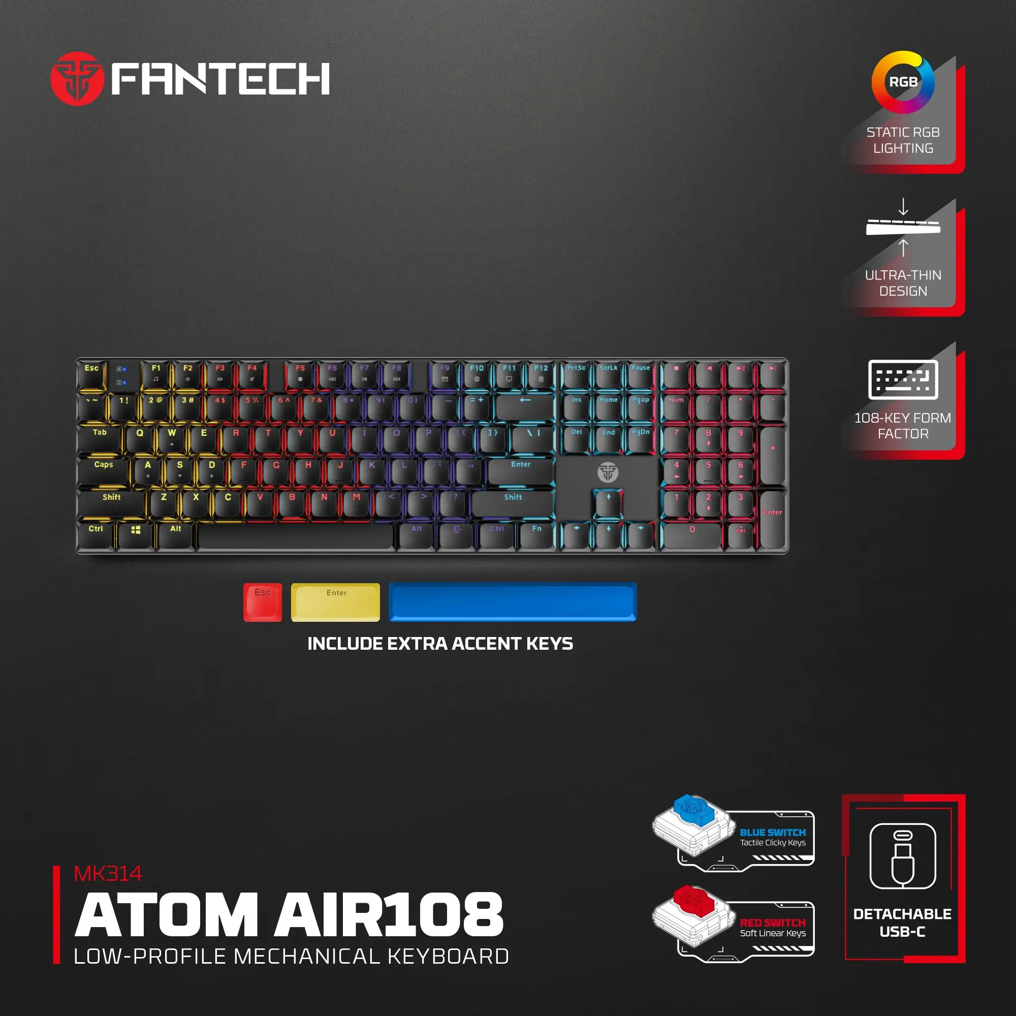  FANTECH MK314 ATOM AIR108 Low Profile Black مكانيكال جيمنج كيبورد