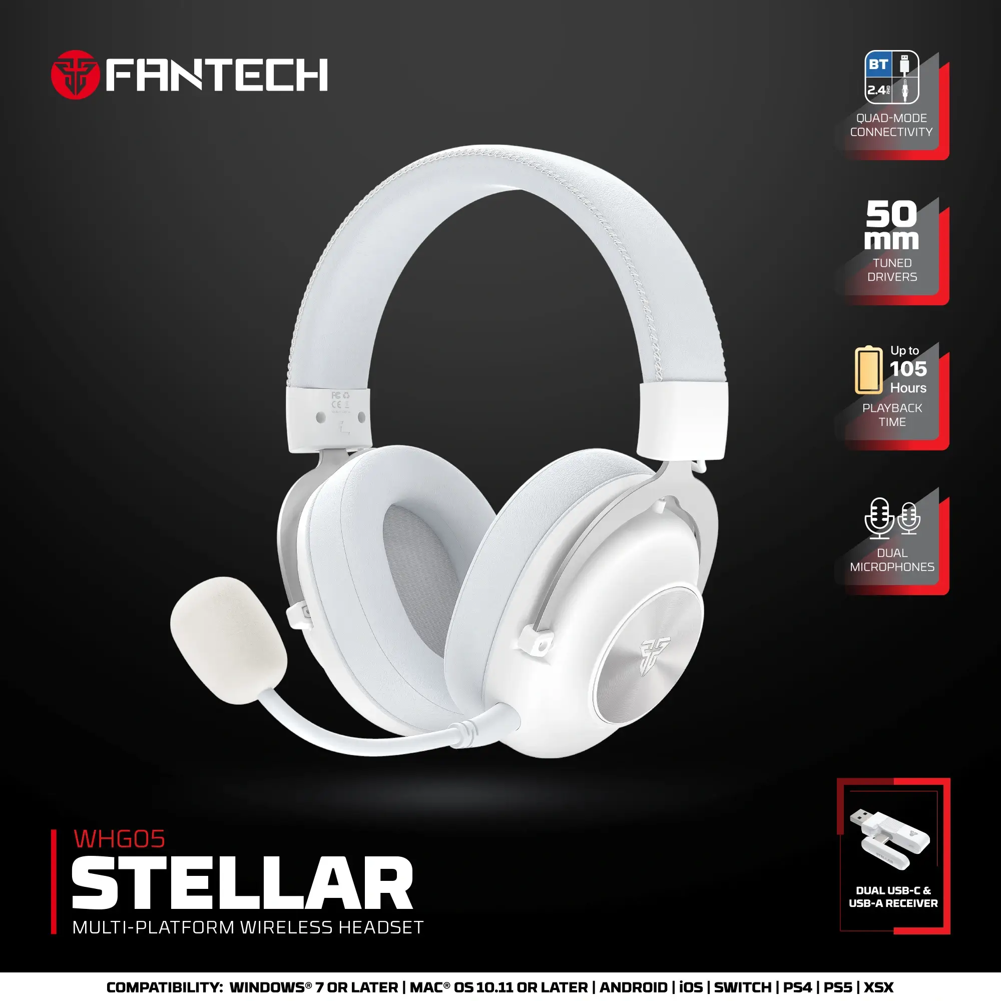 سماعات وايرلس FANTECH WHG05 STELLAR White (Tri Mode Connection)