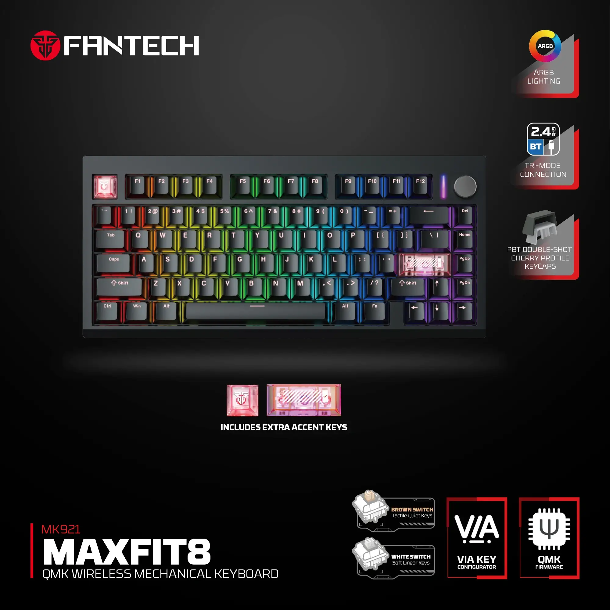 وايرلس جيمنج ميكانيكال كيبورد FANTECH MK921 MAXFIT8 QMK Black (3 Mode Connection)