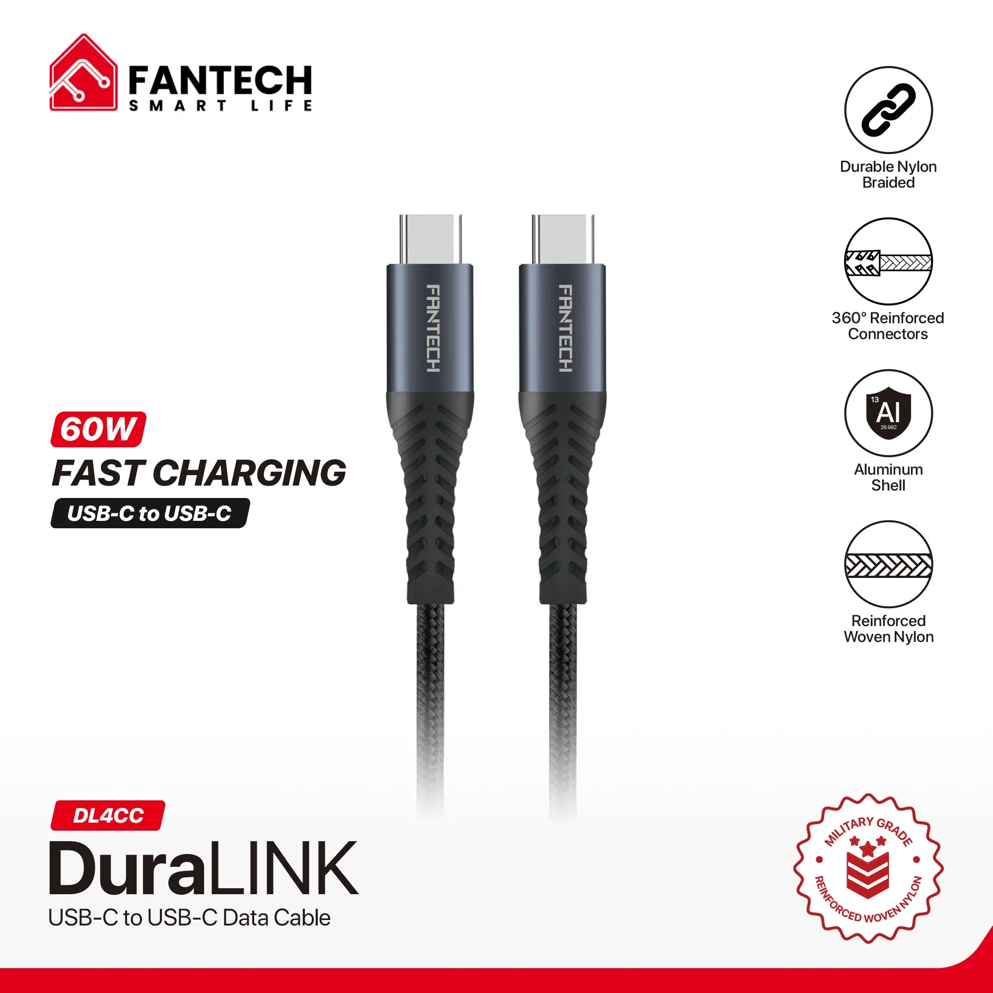 كيبل  FANTECH DL4CC DuraLink Fast Charging Data -  (USB-C to USB-C) 