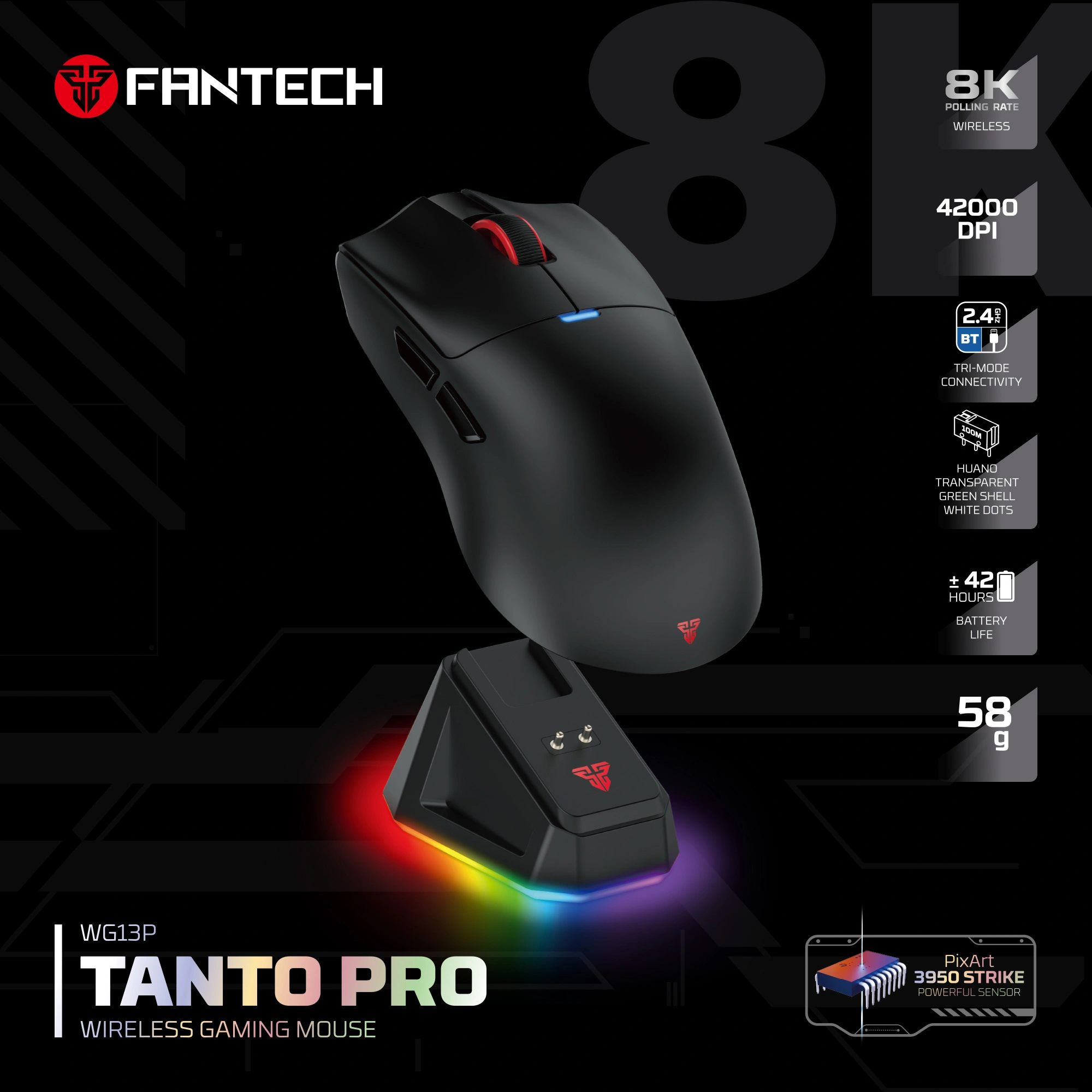 وايرلس جيمنج ماوس FANTECH WG13P TANTO PRO Tri Mode Connection (8K polling rate)