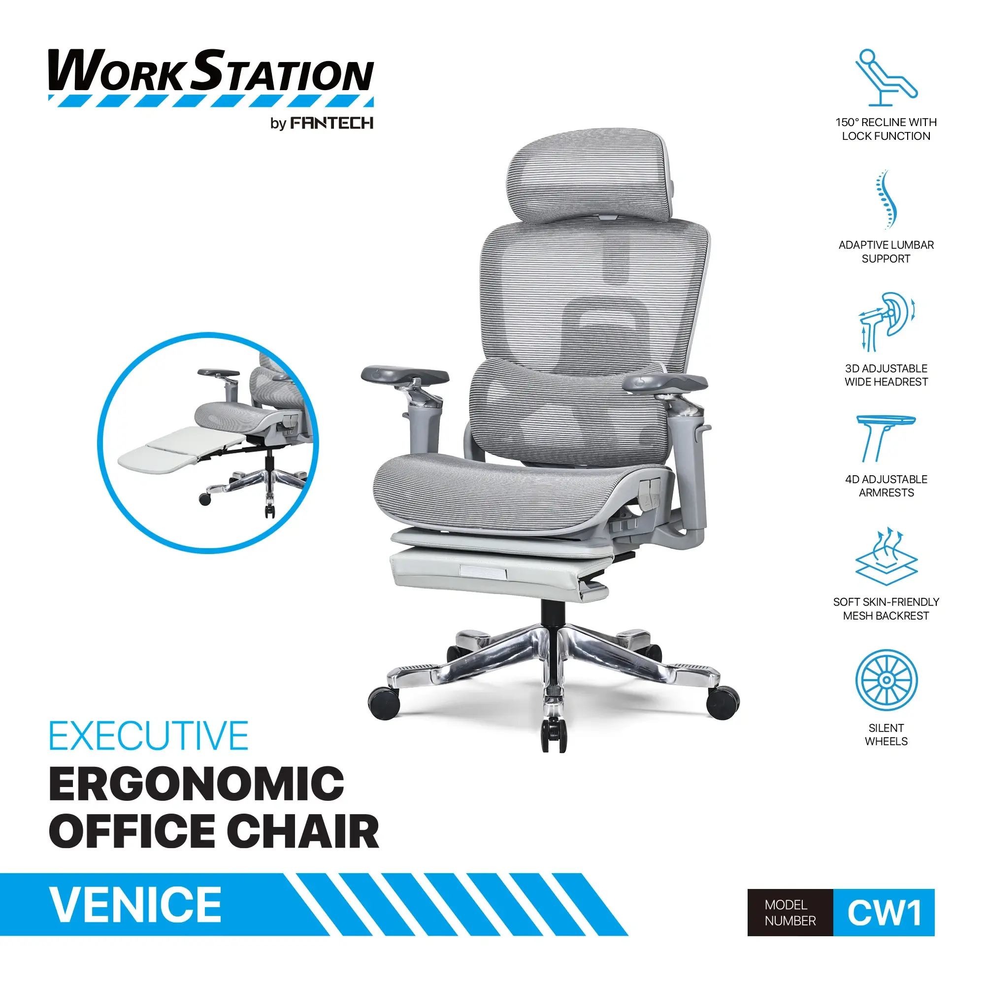 كرسي مكتبي Fantech Workstation CW1 Venice Executive Ergonomic White