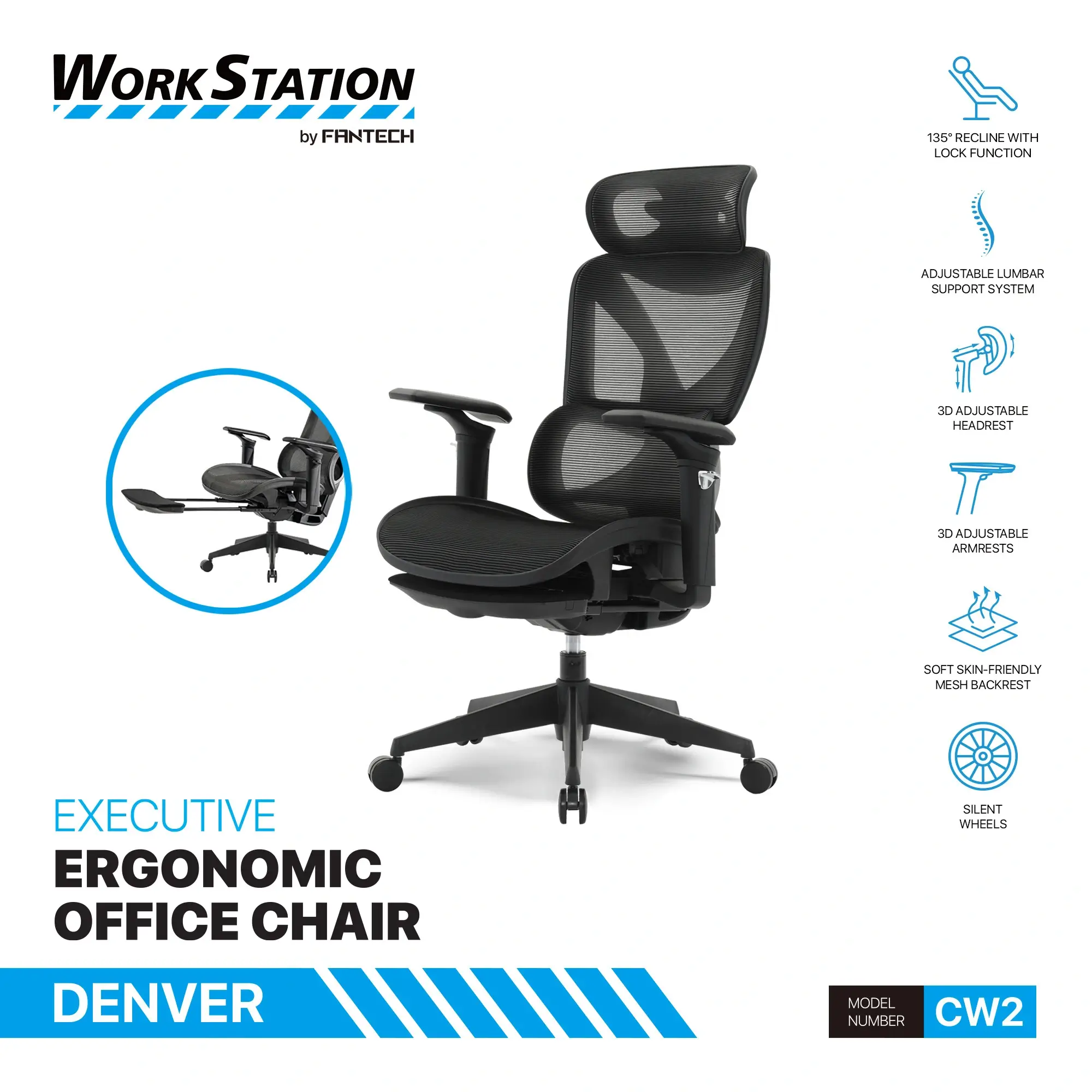 كرسي مكتبي Fantech Workstation CW2 Denver Executive Ergonomic Black