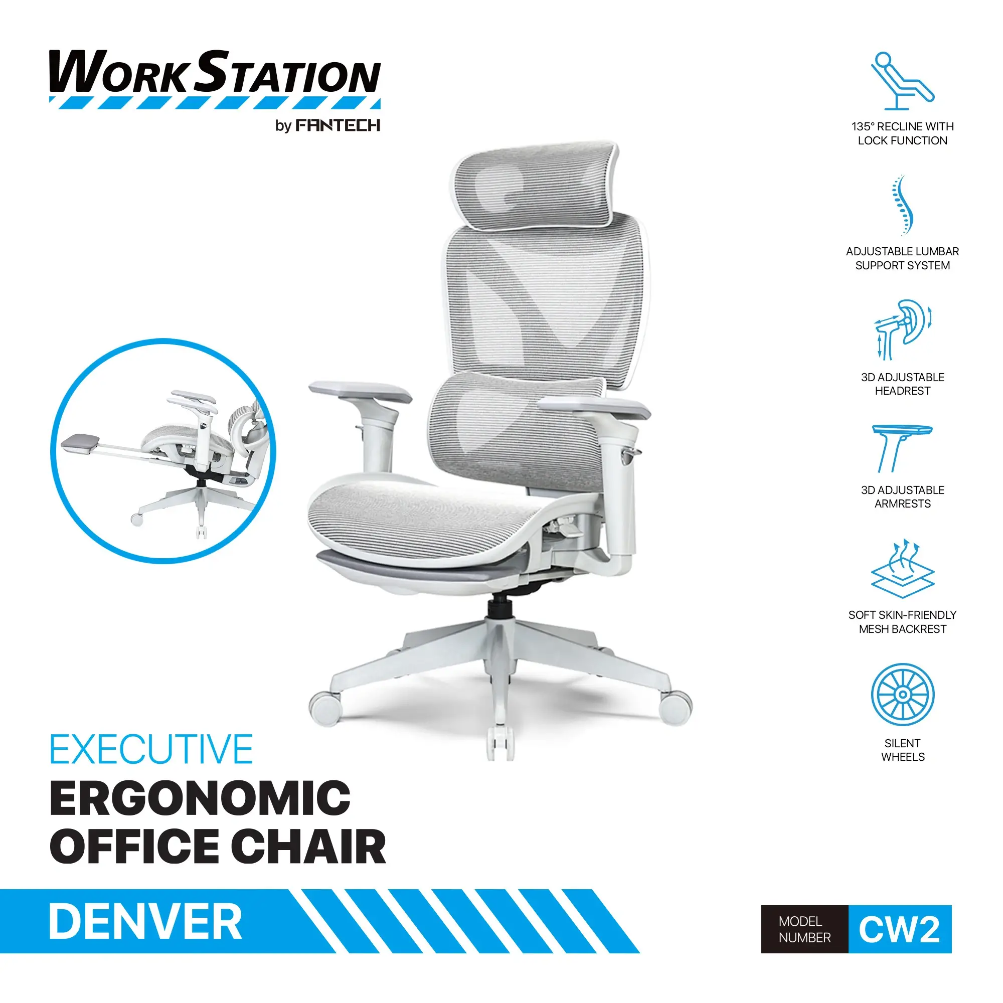 Fantech Workstation CW2 Denver Executive Ergonomic Office Chair White