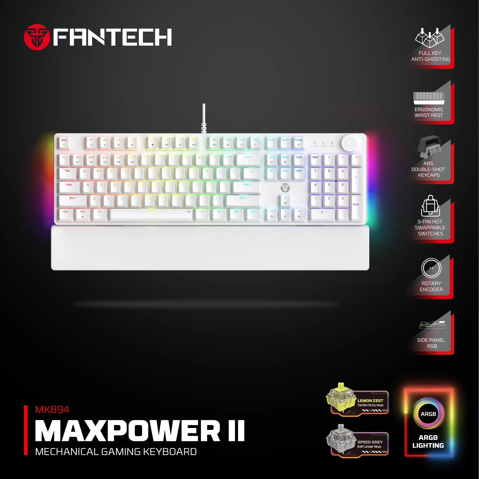 ميكانيكال جيمنج كيبورد Fantech MK894 Maxpower II White (Double-Shot ABS) 