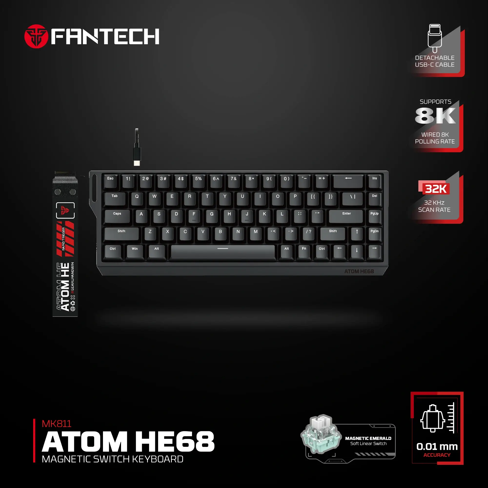 FANTECH ATOM HE68 MK811 Wired Magnetic Gaming Keyboard Black (8K Polling Rate)