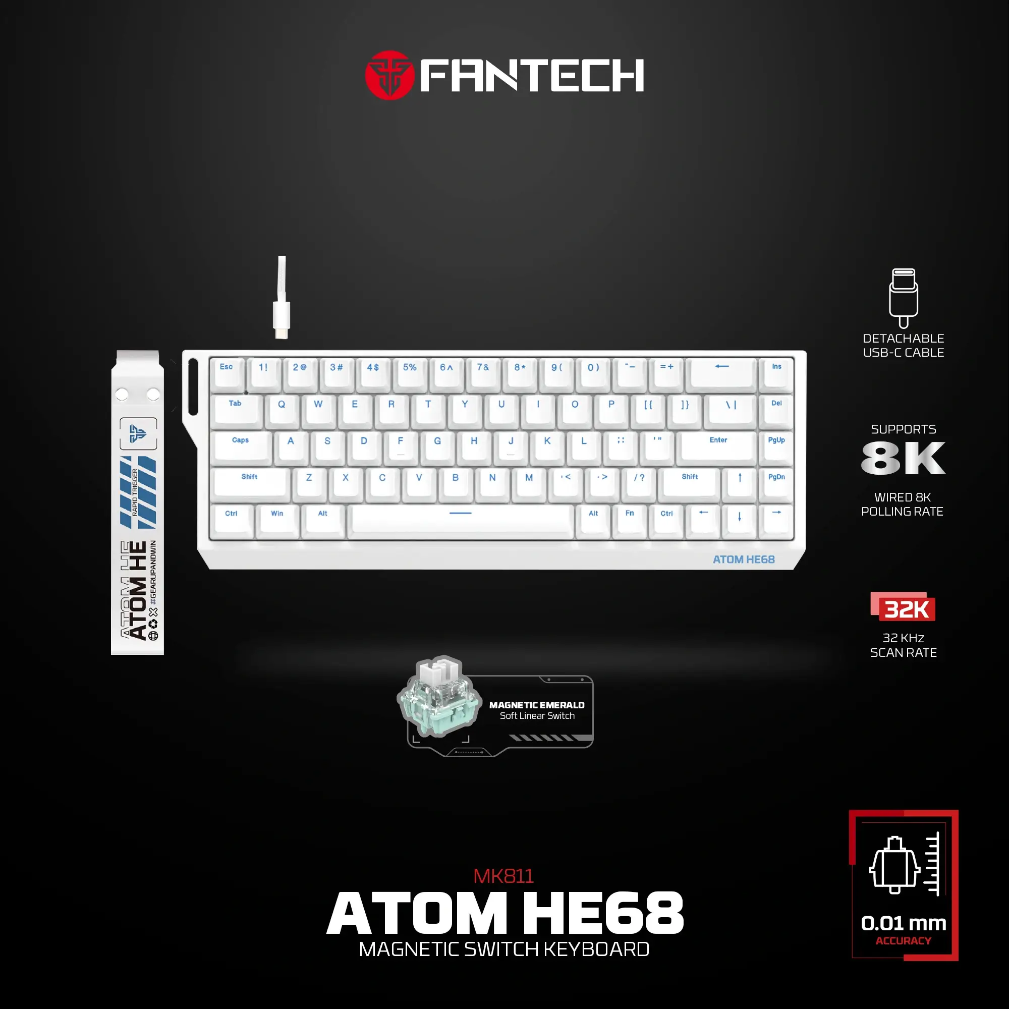 FANTECH ATOM HE68 MK811 Wired Magnetic Gaming Keyboard White (8K Polling Rate)