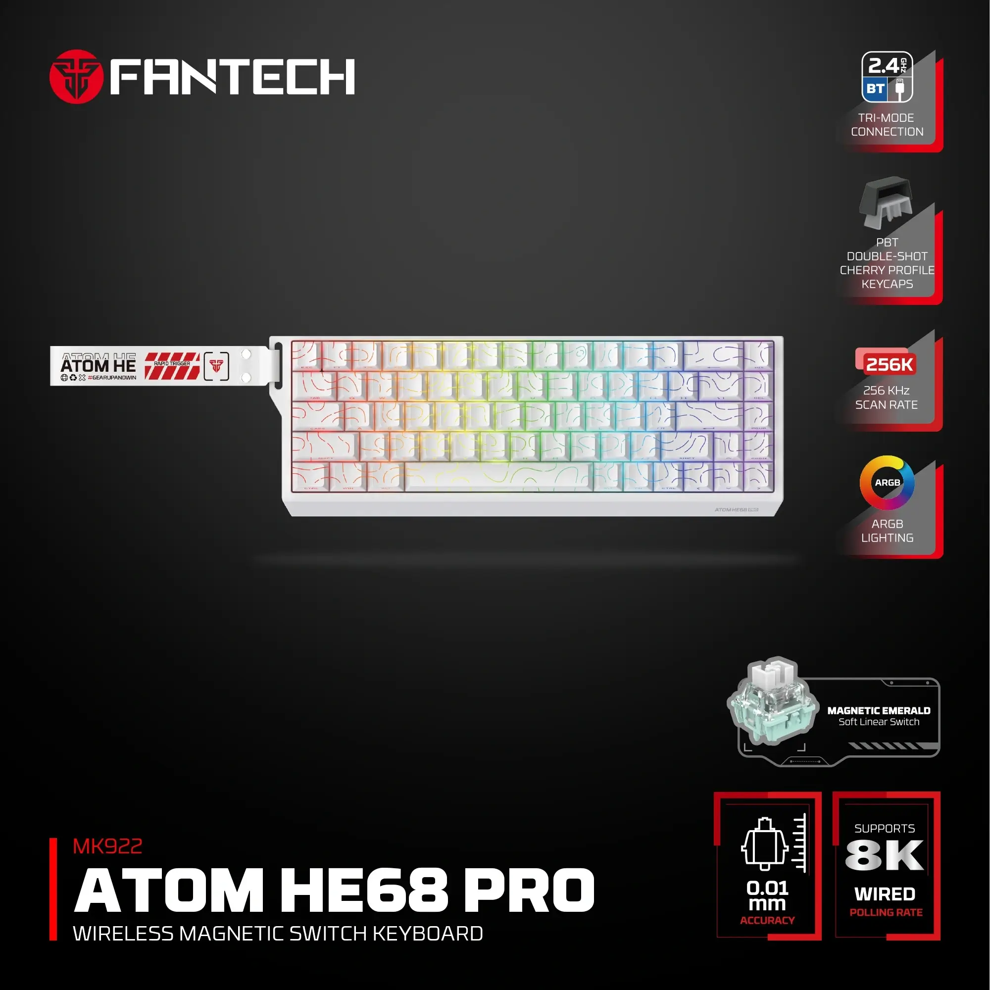 FANTECH MK922 ATOM HE68 PRO Wireless Magnetic Gaming Keyboard Topo Edition