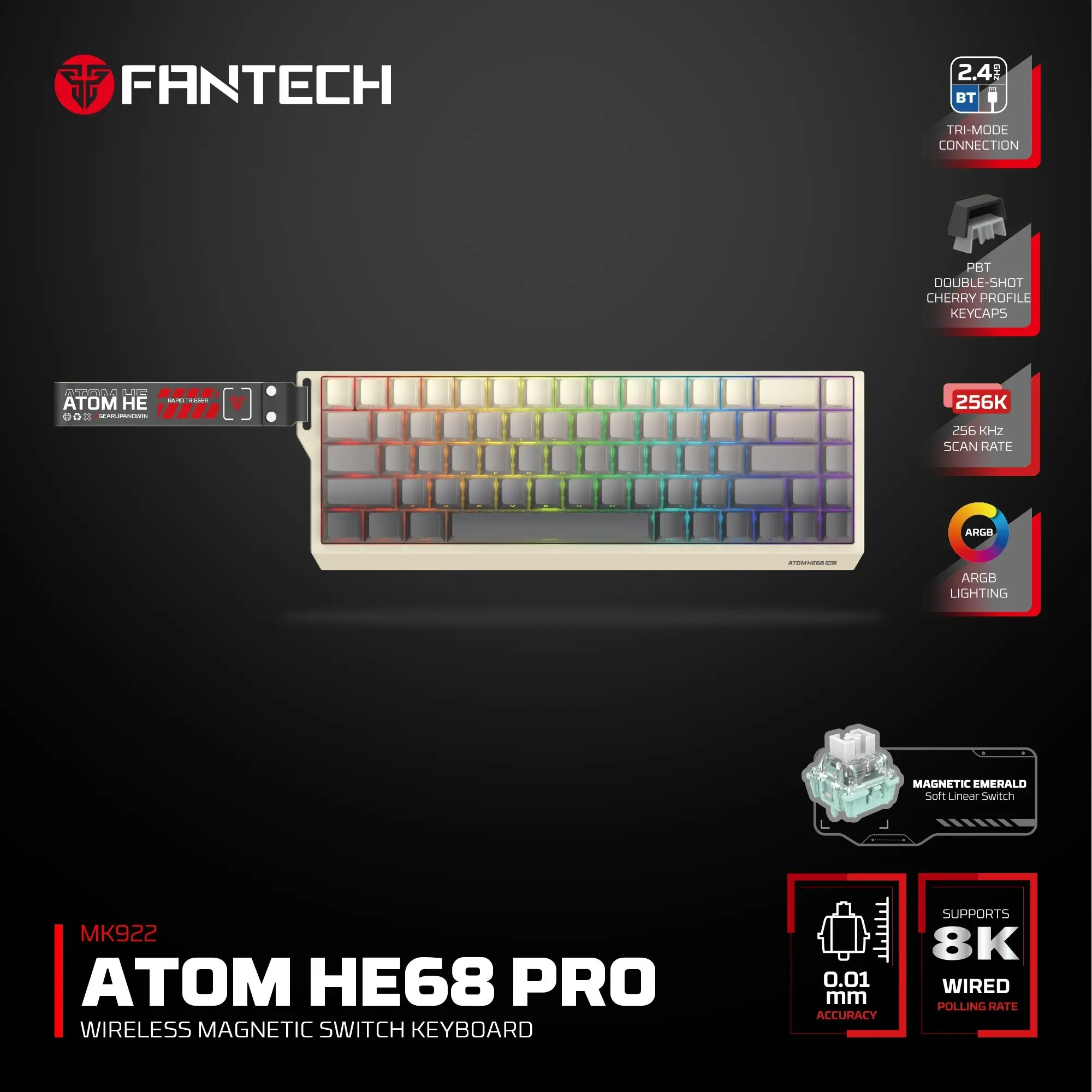 FANTECH MK922 ATOM HE68 PRO Wireless Magnetic Gaming Keyboard - Retro Edition Tri Connection Mode