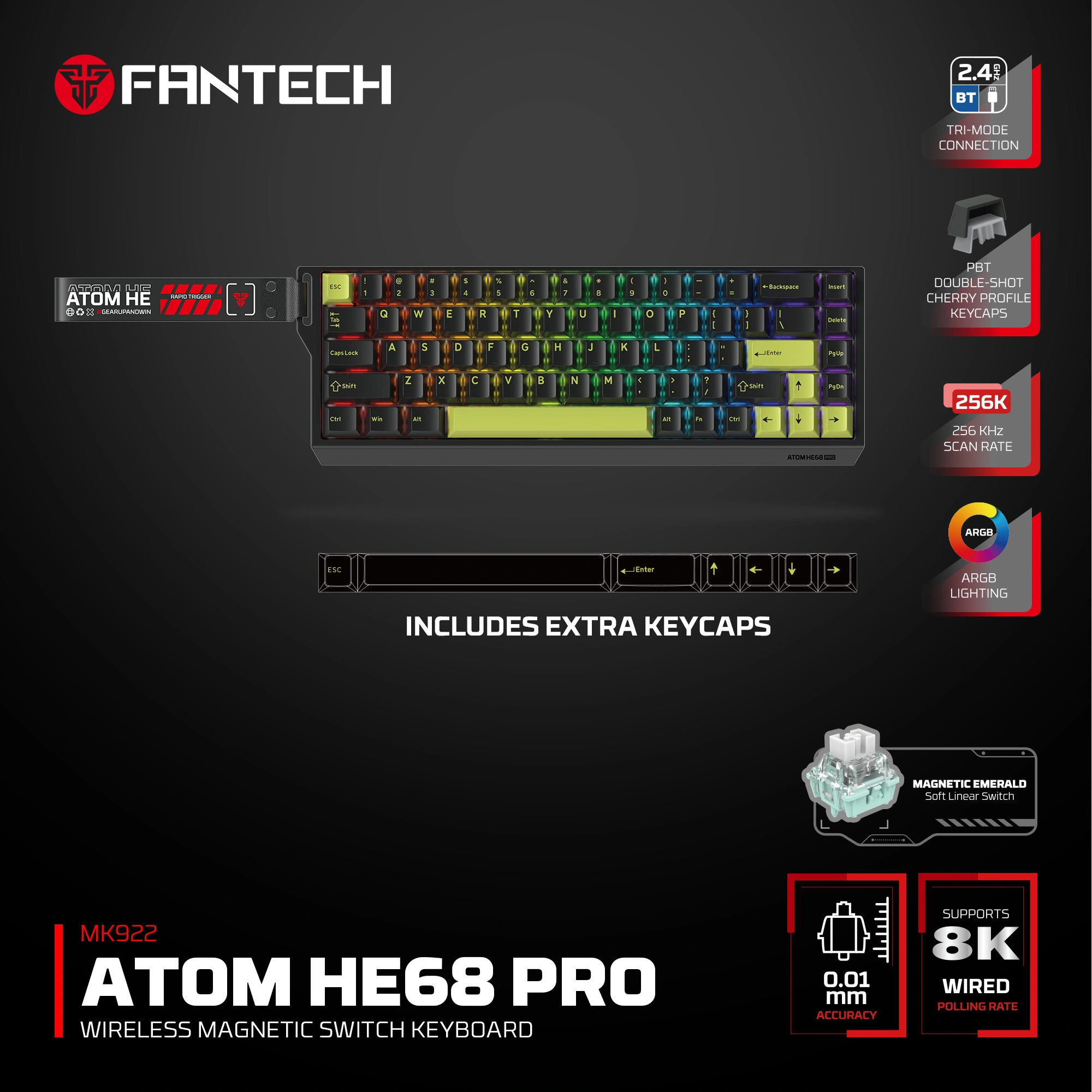 FANTECH MK922 ATOM HE68 PRO Wireless Magnetic Gaming Keyboard - Mori Edition Tri Mode Connection