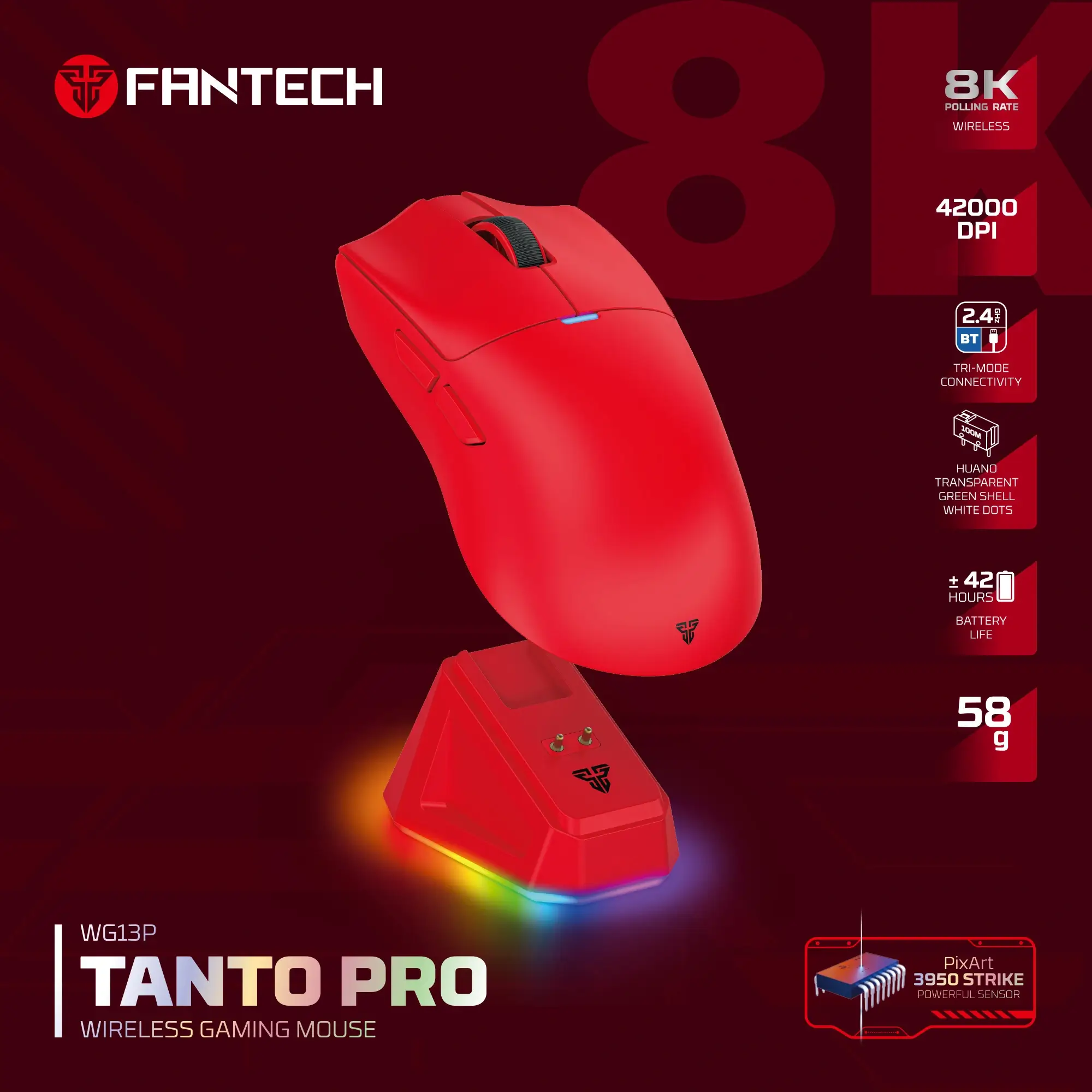 وايرلس جيمنج ماوس FANTECH WG13P TANTO PRO Tri Mode Connection Red  (8K polling rate)