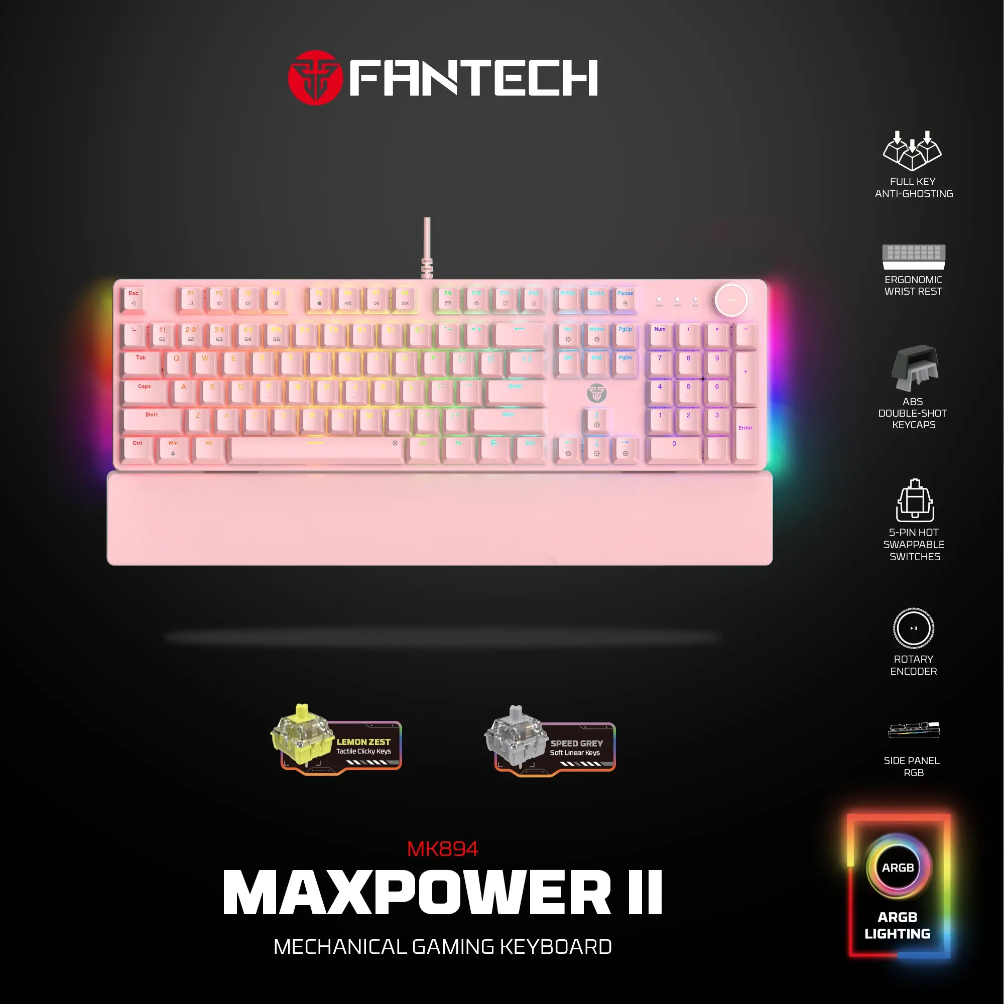 ميكانيكال جيمنج كيبورد Fantech MK894 Maxpower II Pink (Double-Shot ABS)