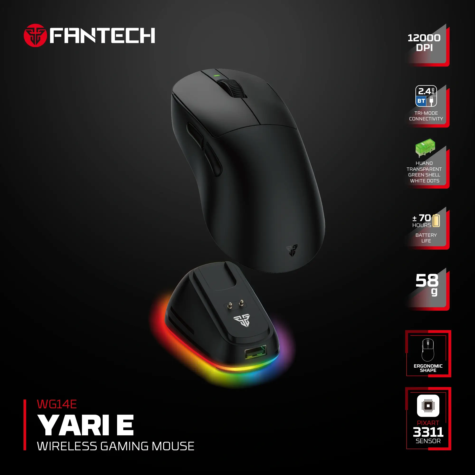 Fantech WG14E YARI E Ergonomic Black وايرلس جيمنج ماوس 