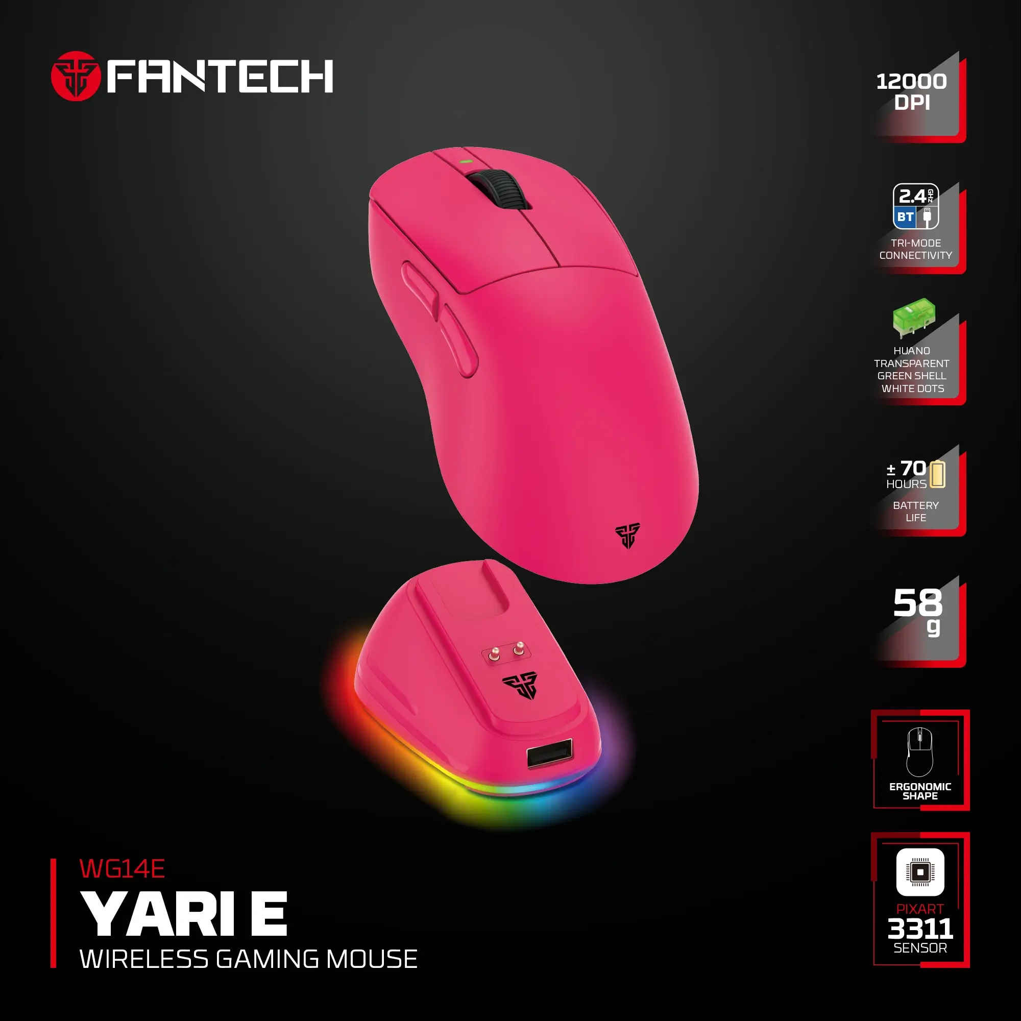 Fantech WG14E YARI E Ergonomic Pink وايرلس جيمنج ماوس 