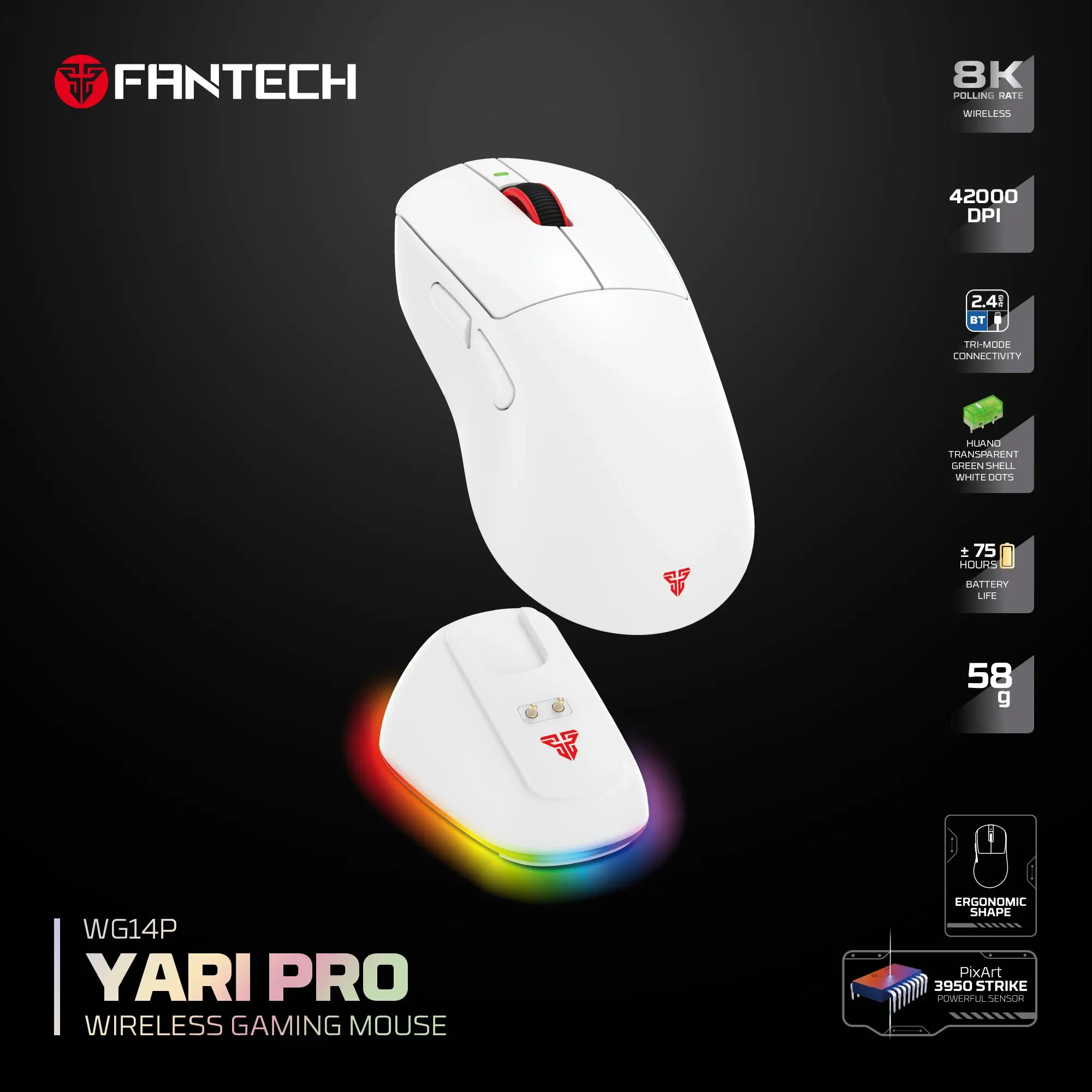جيمنج ماوس لاسلكي Fantech WG14P Yari Pro 8K White