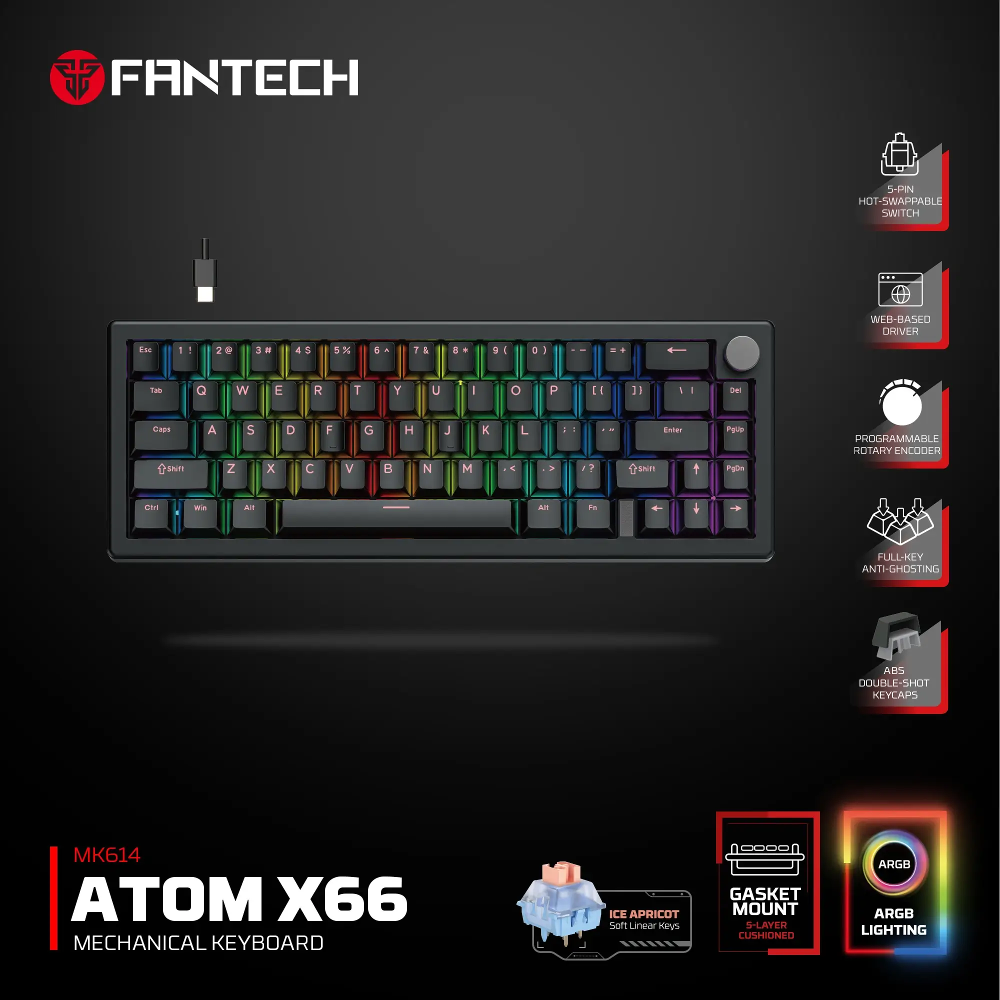 ميكانيكال جيمنج كيبورد Fantech MK614 ATOM X66 Silicon Gasket 
