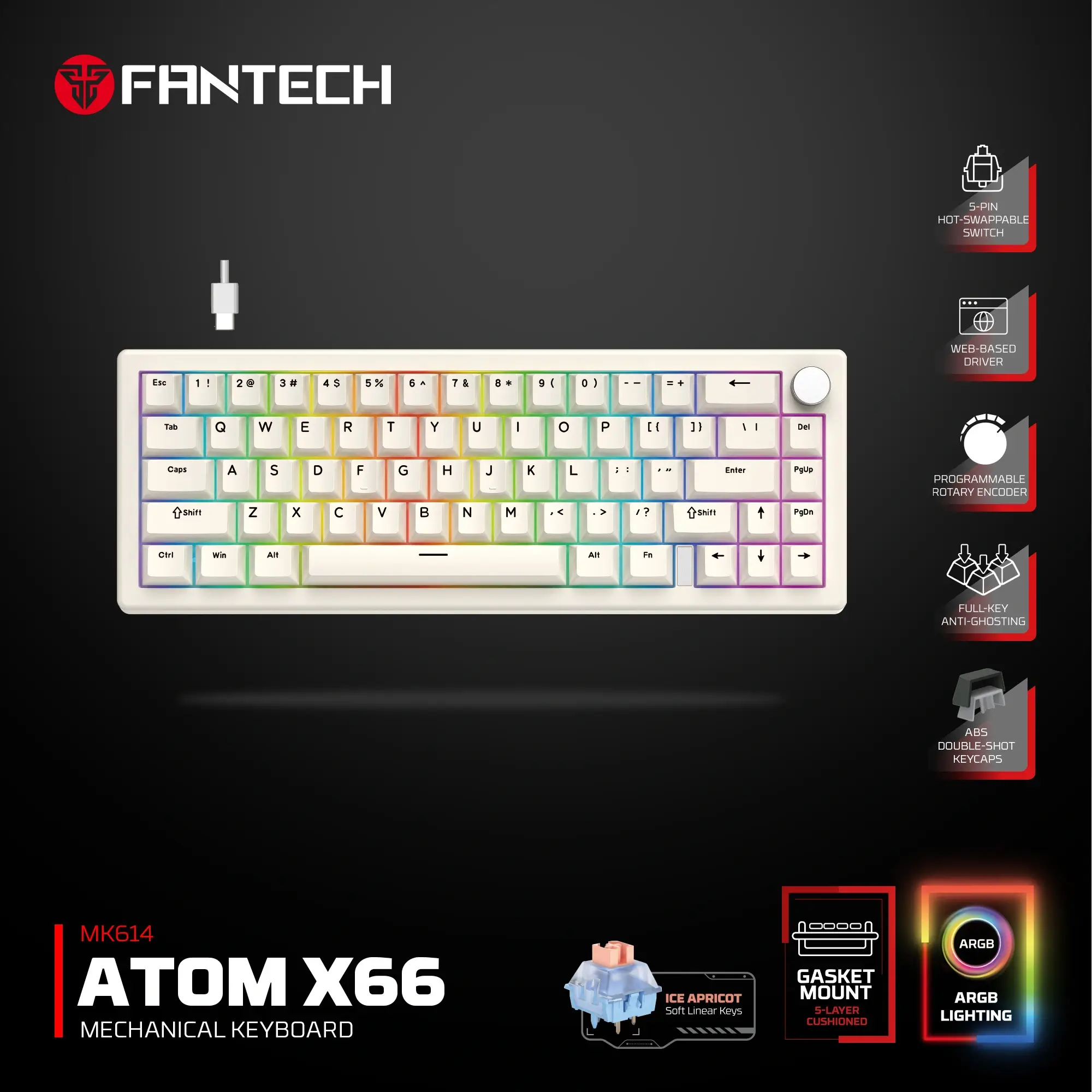 Fantech MK614 ATOM X66 Silicon Gasket Mechanical Gaming Keyboard Grey