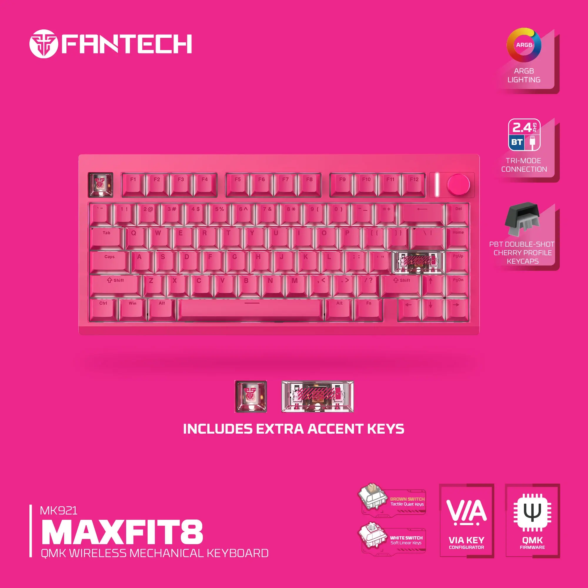 وايرلس جيمنج ميكانيكال كيبورد FANTECH MK921 MAXFIT8 QMK Pink (3 Mode Connection) 