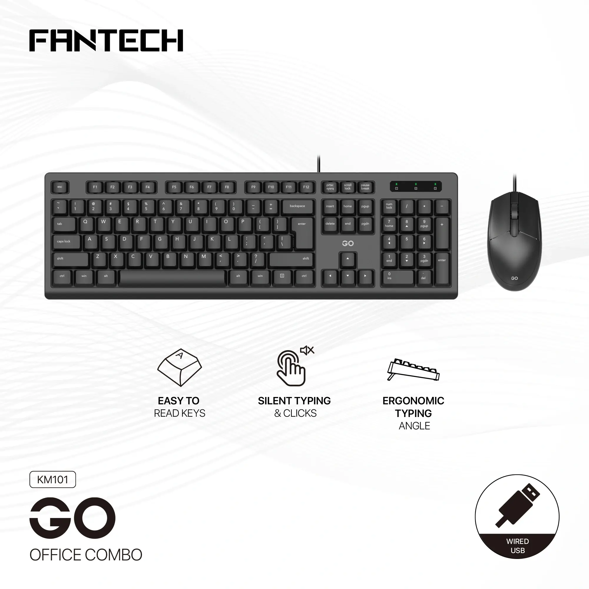 (أحرف عربية) كيبورد وماوس كومبو Fantech KM101 GO Office - Silent Membrane 