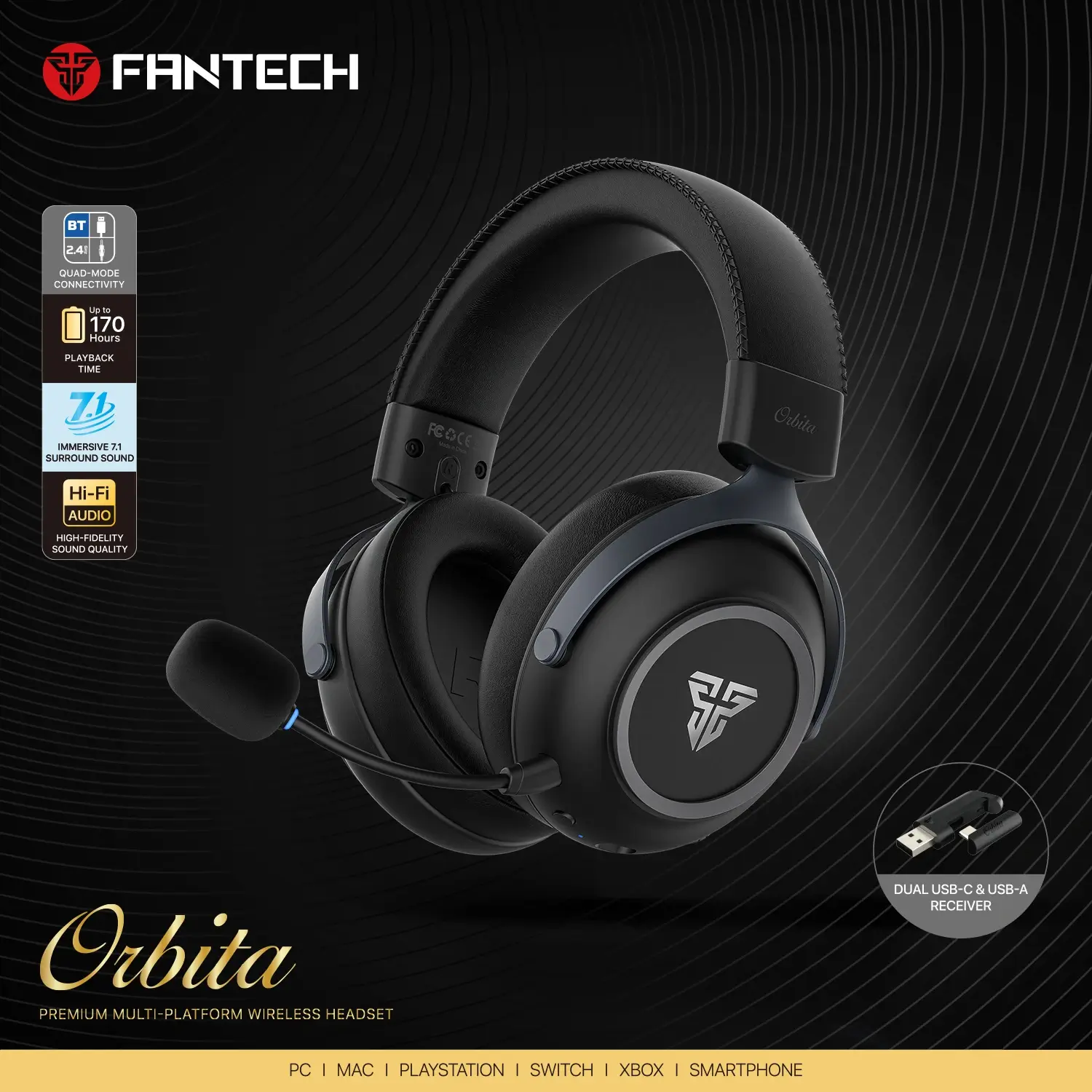 Fantech WHG07 ORBITA Premium 7.1 Surround Sound Wireless Gaming Headset Black