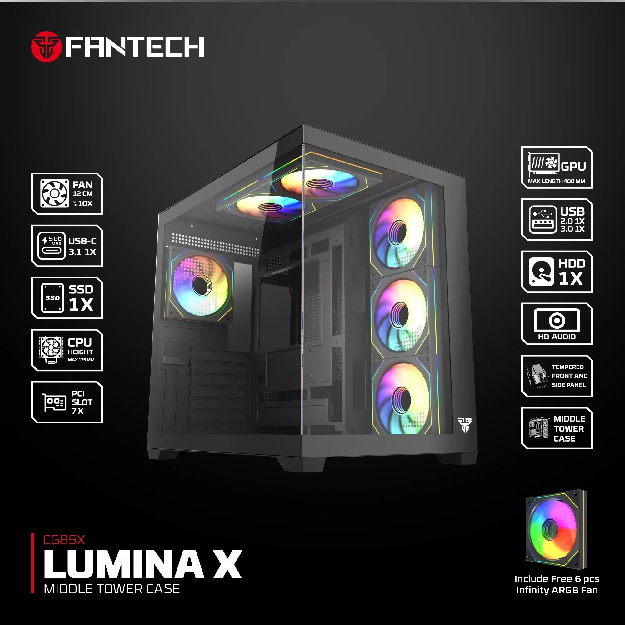 Fantech CG85X Lumina X Tempered Glass Mid Tower Gaming Case Black (6ARGB Fans)
