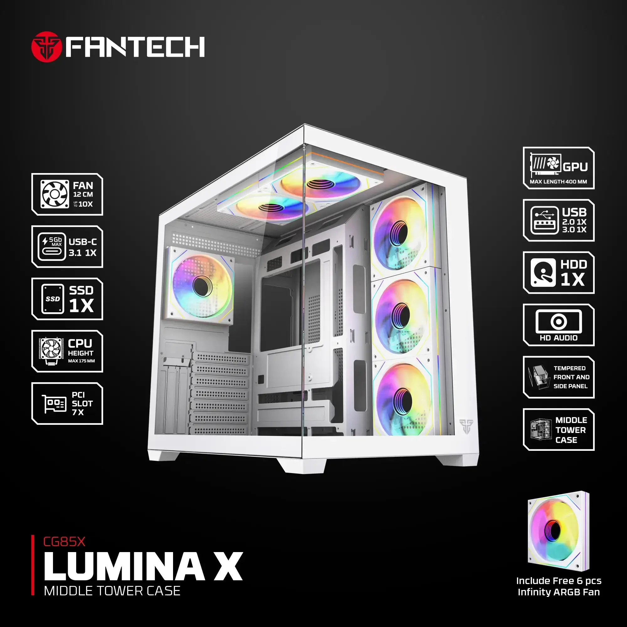 Fantech CG85X Lumina X Tempered Glass Mid Tower Gaming Case White (6ARGB Fans)