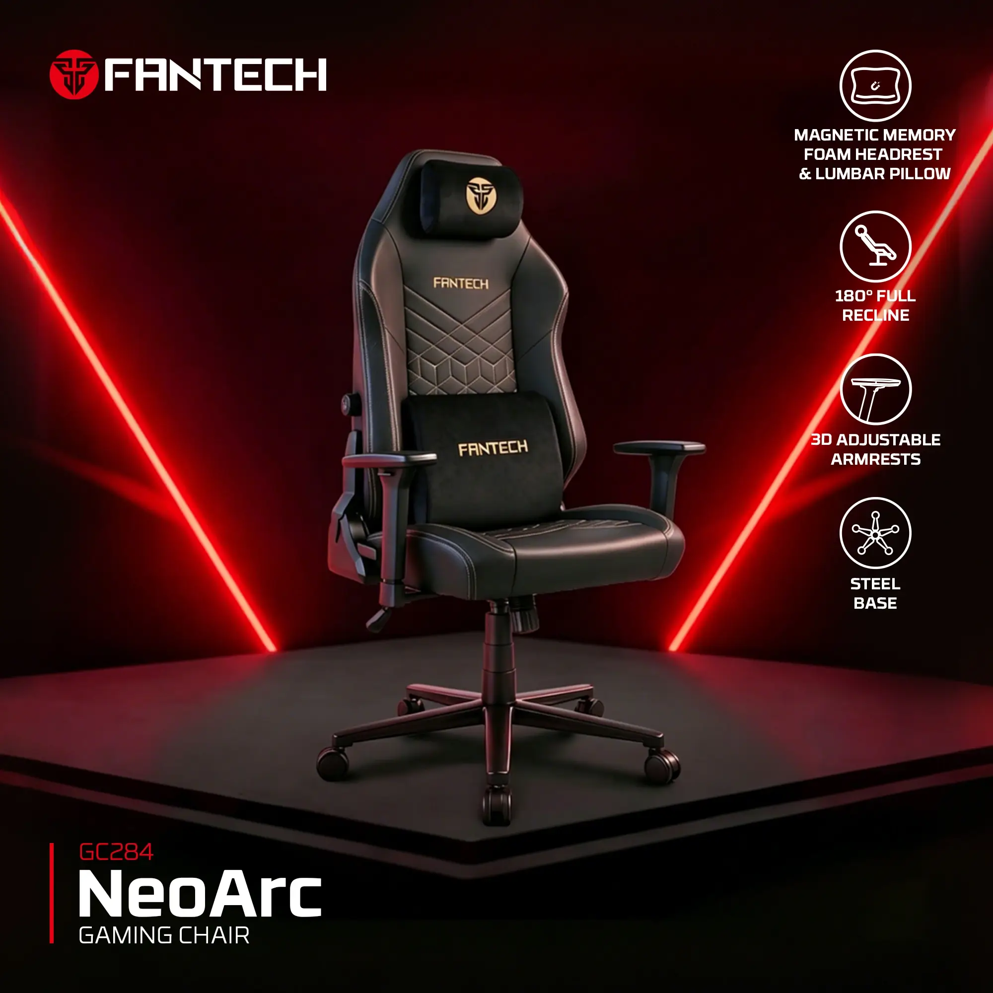 كرسي جيمنج Fantech GC284 NEO ARC Black (Magnetic memory foam headrest & lumbar pillow)