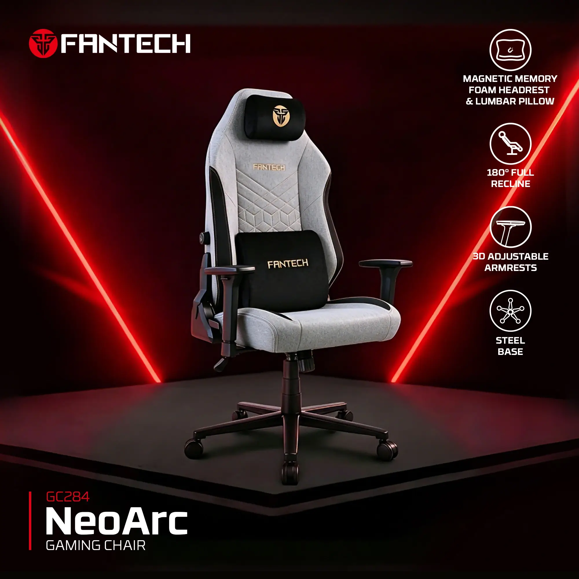 Fantech GC284 NEO ARC Gaming Chair Grey (Magnetic memory foam headrest & lumbar pillow)