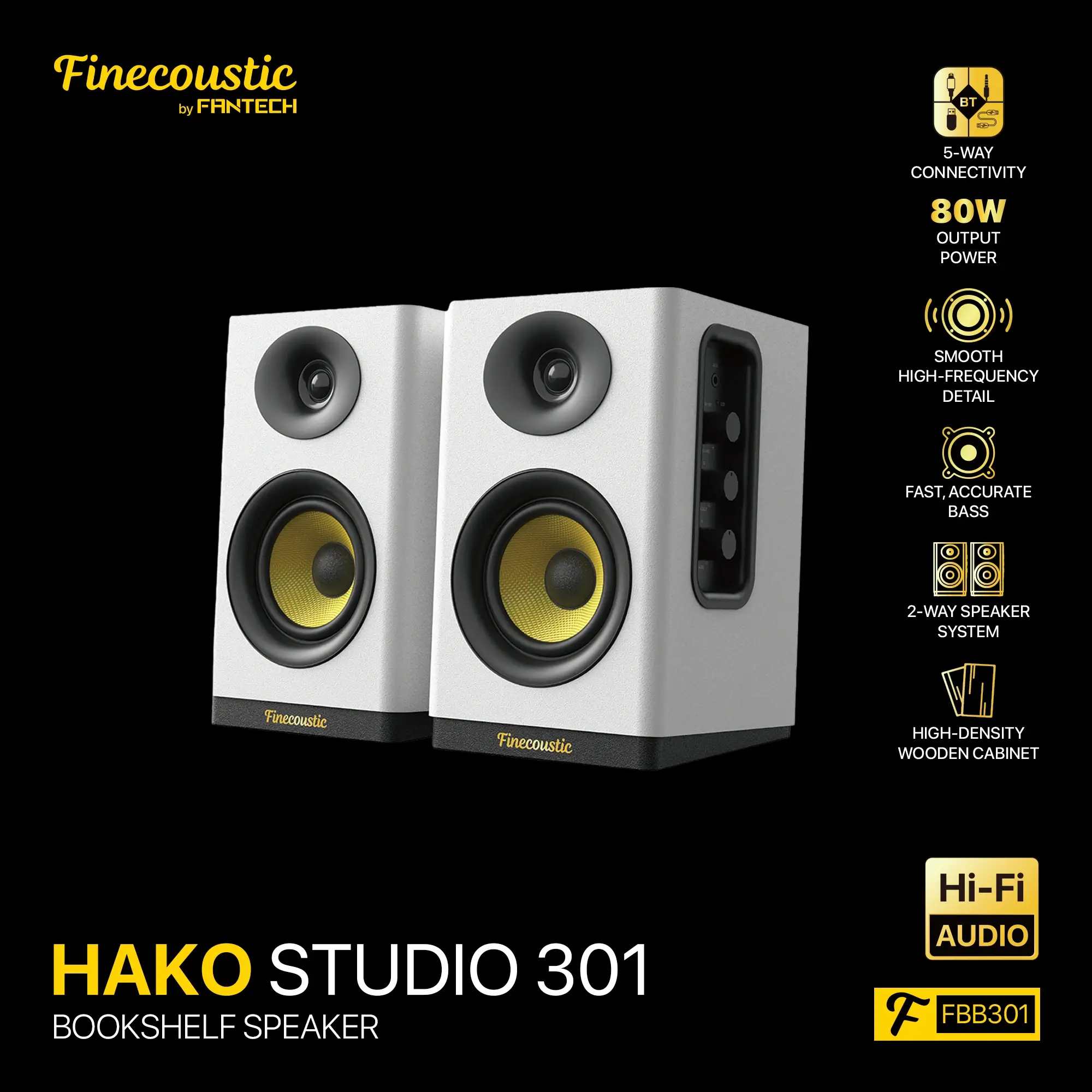 سبيكر  80 واط Fantech Finecoustic FBB301 HAKO STUDIO 301 Hi-Fi Bookshelf (5-Connection Mode)