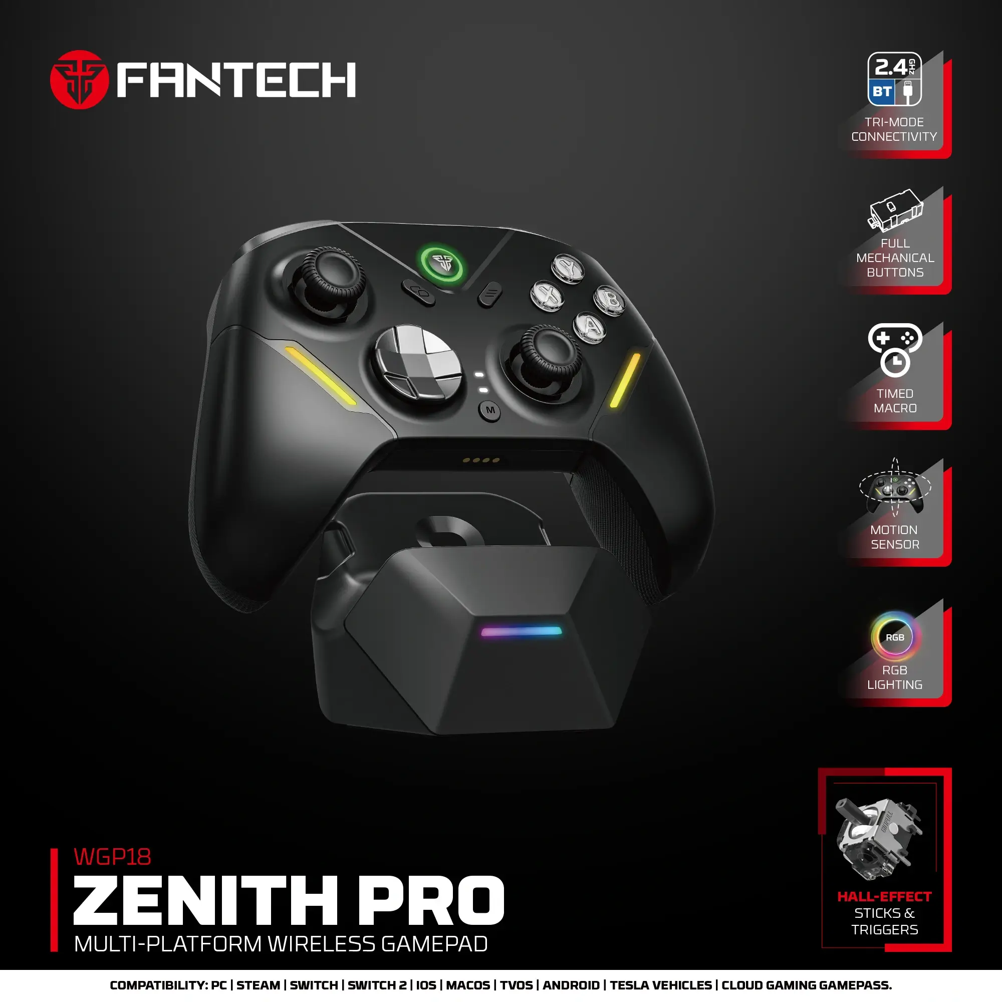 Fantech WGP18 ZENITH PRO Tri-mode Connectivity Timed Macro Hall-Effect RGB Mechanical Gamepad