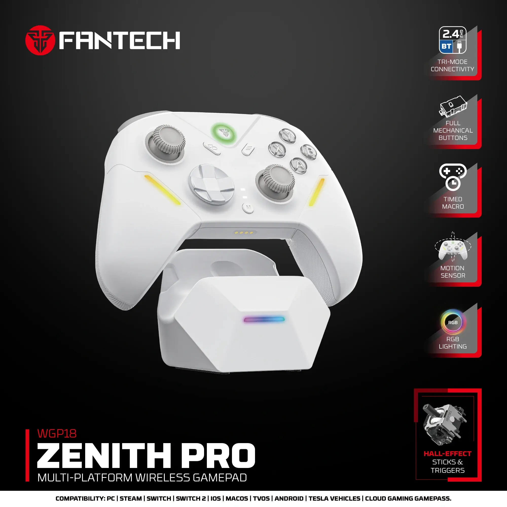 قبضة تحكم ميكانيكية Fantech WGP18 ZENITH PRO Timed Macro Hall-Effect RGB White