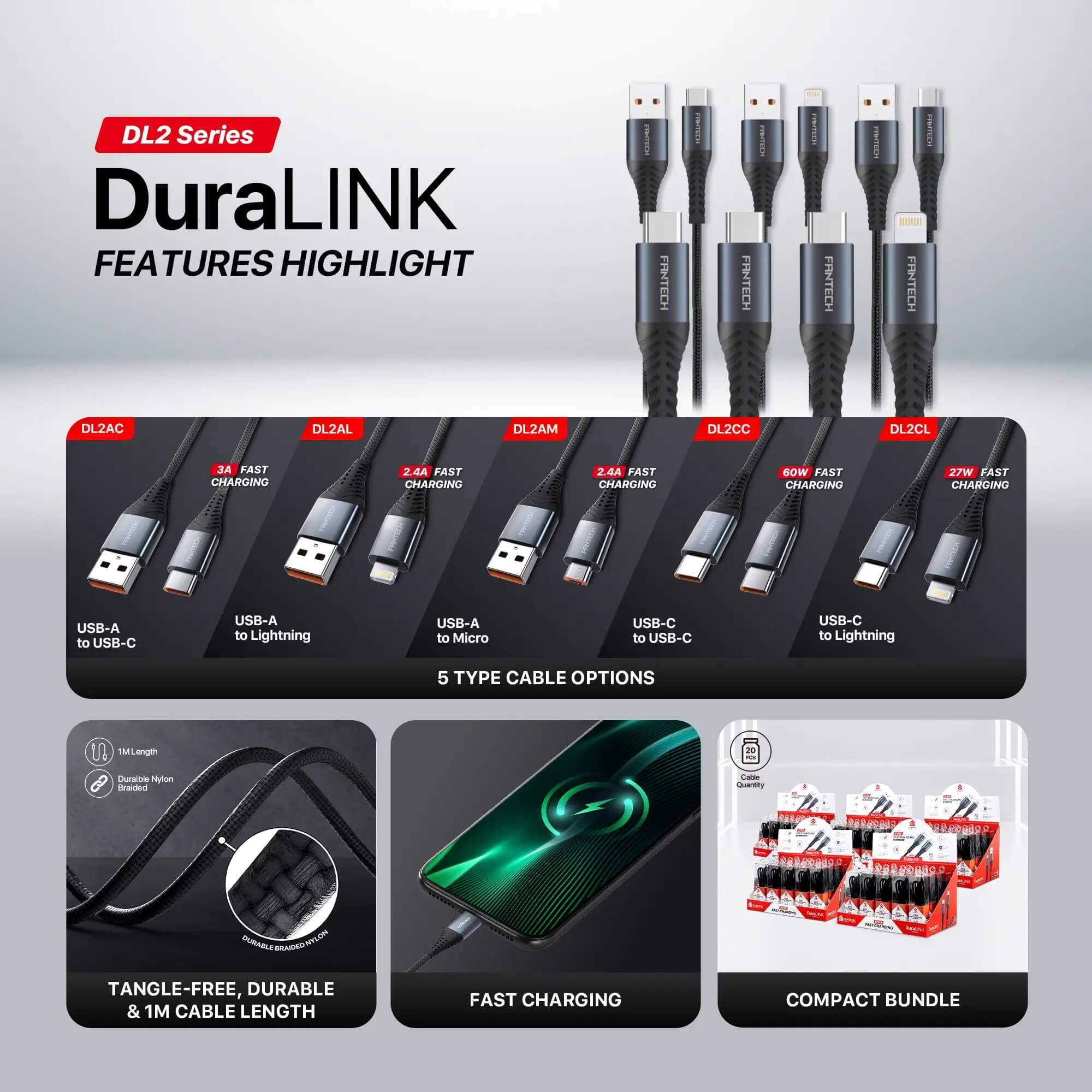 FANTECH DL2CL DuraLink USB-C to Lighting Data Cable 
