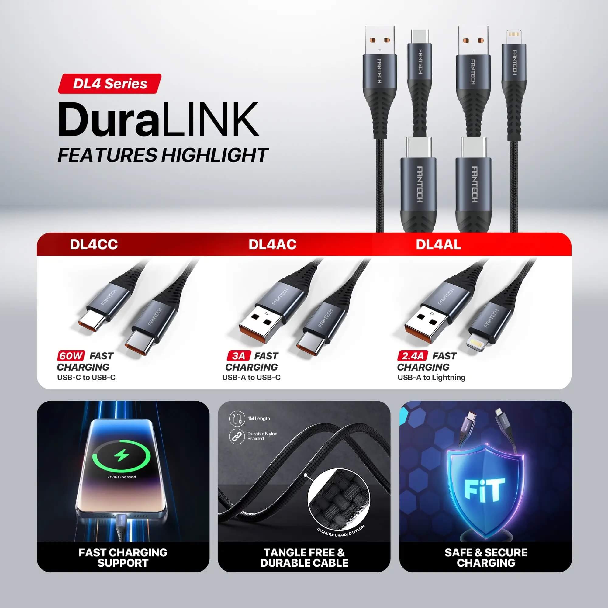 FANTECH DL4CC DuraLink Fast Charging Data -  (USB-C to USB-C) كيبل 